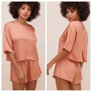 ASTR The Label Women's Rosabel Satin Tie-Front Shorts Coral Drawstring Small NWT